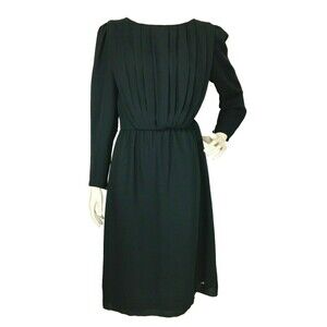 Vintage 60s Miss Elliette Black Pleated Puff Shoulder Sheath Cocktail Midi Dress